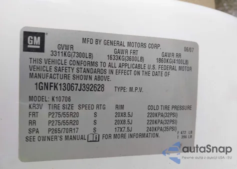 2007 Chevrolet Tahoe Ltz z USA, uszkodzony, nr VIN 1GNFK13067J392628